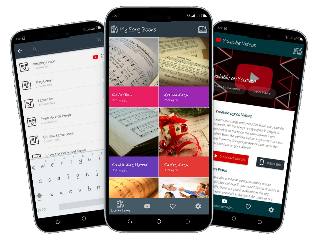 My Songbooks app search, library, and YouTube screens
